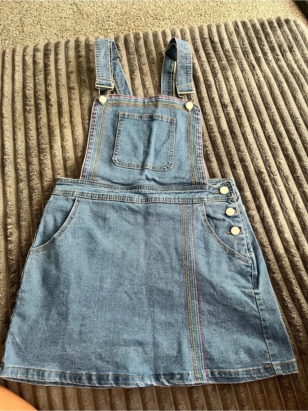 Girls' Blue Denim Overall Dress with Rainbow Stitching